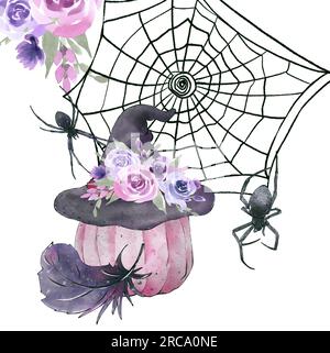 Spinnennetz mit Spinnen, Darstellung in Aquarellfarben, isoliert auf weißem Hintergrund. Vintage Halloween in Schwarz und Pink. Stockfoto