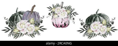 Halloween-Kürbisse in Schwarz und Pink im Vintage-Stil mit Blumenarrangements. Handgezeichnete Aquarell-Illustration. Stockfoto