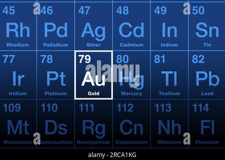 Gold auf Periodensystem der Elemente. Edelmetall mit chemischem Symbol Au (Latin aurum) und Atomzahl 79. Eine sichere Investition und ein sicherer Hafen. Stockfoto