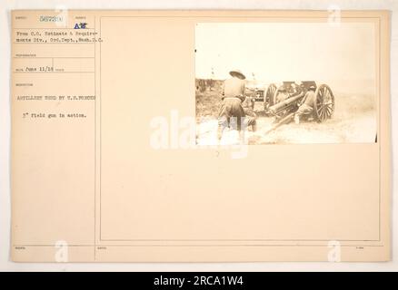 Bildunterschrift: "Eine amerikanische Artillerie benutzt eine 3" Feldpistole im Ersten Weltkrieg Dieses Foto wurde am 11. Juni 1918 von dem Fotografen Rico aufgenommen. Das Bild stammt vom HZV Estimation & Requirements Division der Ordinance Department in Washington, D.C. Stockfoto