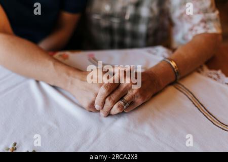 Weibliche Pflegekraft, die zu Hause die zerknitterte Hand einer Seniorin hält Stockfoto