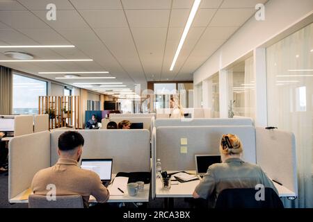 Rückansicht von Geschäftskollegen, die in einem gemeinsamen Büro zusammenarbeiten Stockfoto