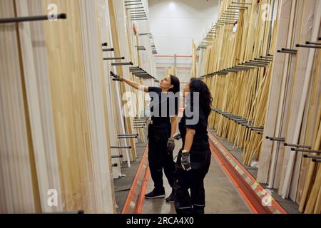 Multirassische weibliche Kollegen, die über Bretter in der Holzindustrie diskutieren Stockfoto
