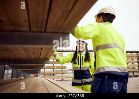 Lächelnde Mitarbeiterin, die Bretter mit Kollegen aus der Industrie untersucht Stockfoto