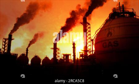 Gas- oder LNG-Lagertanks in der Raffinerie bei Sonnenuntergang, fiktive - industrielle 3D-Abbildung Stockfoto