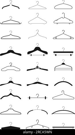 Kleiderbügel, Silhouetten verschiedener Kleiderbügel. Trempels für die Garderobe. Symbole von Haltern für Kleider Stock Vektor