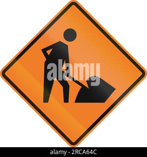 Temporäres Warnschild in Kanada - Arbeiter auf der Straße voraus. Dieses Zeichen wird in Ontario verwendet. Stockfoto