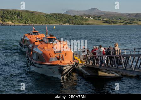 Portree, Isle of Skye, Schottland, Großbritannien. 6. Juni 2023 Kreuzfahrtpassagiere an Bord eines Tenderschiffs, um sie zurück zu ihrem Kreuzfahrtschiff zu befördern, Stockfoto