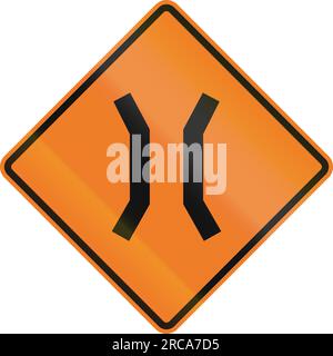 Kanadisches temporäres Straßenwarnschild - schmale Brücke. Dieses Zeichen wird in Ontario verwendet. Stockfoto