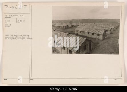 Die Südseite des Base Hospital in Perigueux, Dordogne, Frankreich, aus der Vogelperspektive. Das Foto wurde von Sergeant F.T. Morris, S.C. am 8. April 1919. Das Bild wurde am 12. Januar 1919 herausgegeben. Die Ansicht erfasst das Krankenhaus aus einer erhöhten Perspektive. Stockfoto