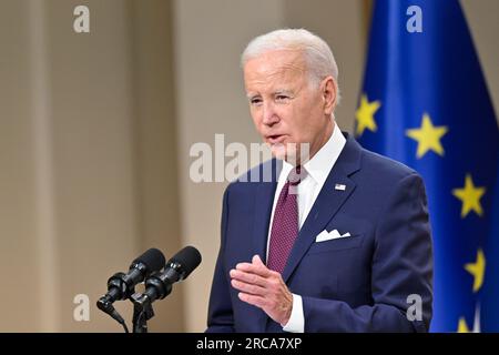 Helsinki, Finnland. 13. Juli 2023. US-Präsident Joe Biden anlässlich einer Pressekonferenz beim Gipfeltreffen der US-nordischen Staats- und Regierungschefs im Präsidentenpalast in Helsinki, Finnland, am 13. Juli 2023. Foto: Henrik Montgomery/TT/Code 10060 Kredit: TT News Agency/Alamy Live News Stockfoto