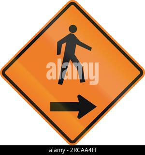 Kanadisches temporäres Verkehrswarnschild - Fußgänger auf der rechten Seite. Dieses Zeichen wird in Ontario verwendet. Stockfoto