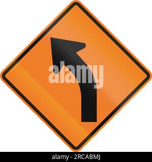 Kanadisches temporäres Verkehrswarnschild – Linkskurve voraus. Dieses Zeichen wird in Ontario verwendet. Stockfoto