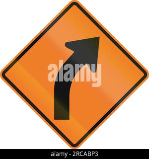 Kanadisches temporäres Verkehrswarnschild – Rechtskurve voraus. Dieses Zeichen wird in Ontario verwendet. Stockfoto