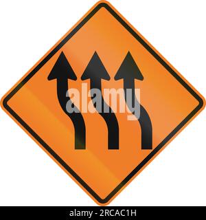 Kanadisches Straßenwarnschild – dreispurige Rückwärtskurve. Dieses Zeichen wird in Ontario verwendet. Stockfoto