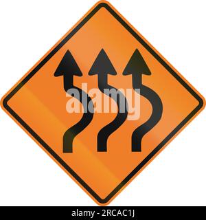 Kanadisches Verkehrswarnschild - dreifache zwei-Rückwärtskurve nach rechts. Dieses Zeichen wird in Ontario verwendet. Stockfoto