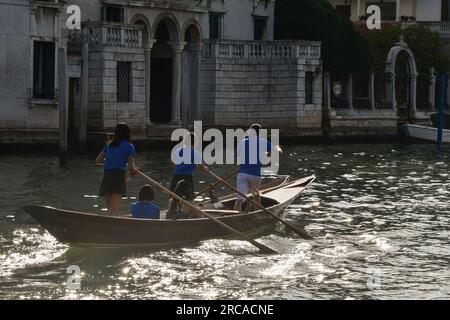 Eine Gruppe von Personen, die im venezianischen Reihenstil am Canale Grande bei Sonnenuntergang rudern, Sestiere von Dorsoduro, Venedig, Venetien, Italien Stockfoto