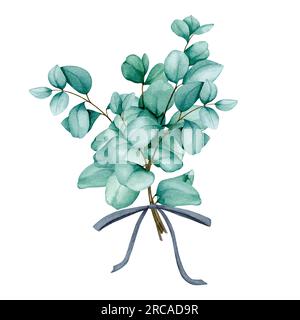 Der Strauß der Eukalyptusäste. Aquarelle botanische Illustration für das Design von Einladungen, Karten, Glückwunsch, Postern, Abdrücken, Briefpapier. Stockfoto