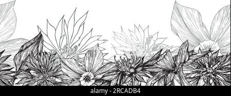 Horizontales nahtloses Banner mit blühenden Blumen, Maisblumen und Narzissen. Frühlingsblumen im Hintergrund. Botanische Vektordarstellung auf Weiß Stock Vektor