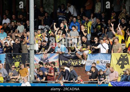 Vlaardingen, Niederlande. 13. Juli 2023. VLAARDINGEN, NIEDERLANDE - JULI 13: Fans von AEK Athen feiern während der AEK Athen der Saison 2022-2023 des FC Shakhtar Donetsk auf dem Sportpark CWO am 13. Juli 2023 in Vlaardingen, Niederlande (Foto von Broer van den Boom/Orange Pictures). Kredit: Orange Pics BV/Alamy Live News Stockfoto