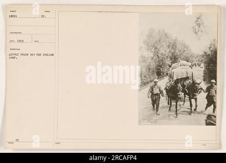 Auf diesem Foto, das während des Ersten Weltkriegs aufgenommen wurde, ist ein Versorgungszug für die italienische Armee zu sehen. Das Bild zeigt den Transport von Hilfsgütern zur Unterstützung der italienischen Streitkräfte. Das Foto mit der Nummer 18021 wurde 1919 aufgenommen. Stockfoto