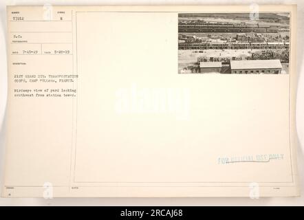 Vogelperspektive auf den Hof im Camp Pullman, Frankreich, aufgenommen am 20. Mai 1919. Das Foto zeigt die 21. Grand Div Transport Corps Yard, vom Turm aus gesehen. Das Beschreibungssymbol auf dem Bild ist B. Dieses Bild ist mit „NUR ZUR AMTLICHEN VERWENDUNG“ gekennzeichnet. Stockfoto