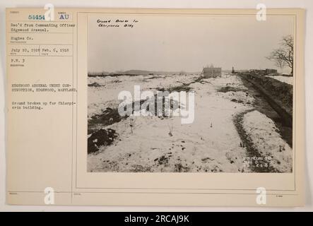 Edgewood Arsenal wird gerade in Edgewood, Maryland, gebaut. Der Boden wird für den Bau des Chlorpicrin-Gebäudes von Hughes Co. Aufgebrochen Das Foto wurde am 6. Februar 1918 aufgenommen und vom befehlshabenden Offizier von Edgewood Arsenal mit der Nummer 3 empfangen. Stockfoto