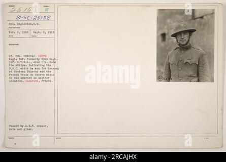 CPL. Ingleston, S.C., Fotograf III, erfasst LT. OBERST. Donovan vom 165. Regt. INF., früher Regt. 69. Inf. N.Y. N.G., 42. Div Das Foto wurde am 6. November 1918 in Hazavant, Frankreich, aufgenommen. LT. OBERST. Donovan trägt Streifen, die darauf hinweisen, dass D.S.C. im Chateau Thierry für Tapferkeit empfangen wurde, und der französische Croix de Guerre, der bei einem anderen Anlass verliehen wurde. Das Foto wurde vom A.E.F.-Zensor herausgegeben und übergeben. (Hinweis: Ausstellungsdatum nicht angegeben.) Stockfoto