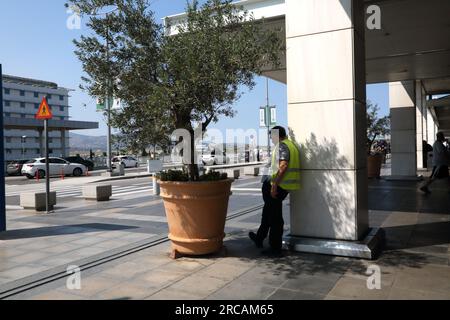 Athen Griechenland Internationaler Flughafen Athen (AIA) Eleftherios Venizelos Mann trägt Warnweste stehender Olivenbaum im Pot draußen Stockfoto