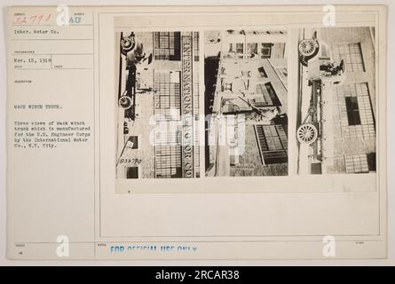 Drei Bilder eines Mack Windenwagens, der für die USA entworfen wurde Ingenieurkorps der International Motor Co. In New York City, am 15. November 1918 festgenommen. Diese Trucks wurden während des 1. Weltkriegs für offizielle militärische Aktivitäten eingesetzt. Bildklassifizierungsnummer: 111-SC-32790. Stockfoto