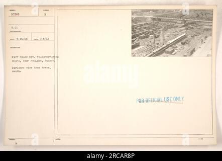 Vogelperspektive von einem Turm in Camp Pullman, Frankreich, mit Blick auf die Grand Div. 21. Transportation Corp Das Foto mit dem Symbol E wurde am 5. Juli 1918 aufgenommen. Das Bild hat die Nummer 57383 S.C. Es ist mit „S for Official use only“ gekennzeichnet und wurde am 4. März herausgegeben. Stockfoto