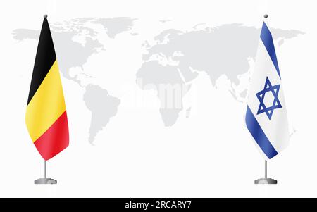 Belgien und Israel führen vor dem Hintergrund der Weltkarte die Flagge für eine offizielle Tagung. Stock Vektor