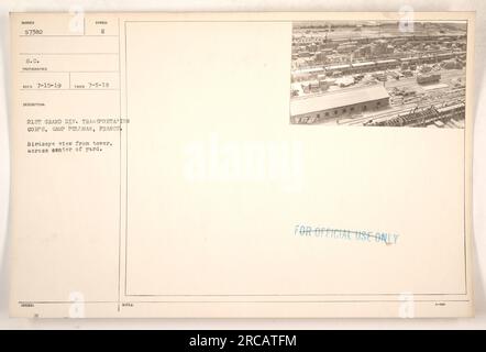 Die Grand Div. 21. aus der Vogelperspektive Transportkorps im Camp Pullman in Frankreich. Das Foto wurde am 5. Juli 1918 aufgenommen und zeigt die Mitte des Gartens. Das Bild ist mit der Nummer 57382 S.C. beschriftet Die Beschreibung ist mit dem Symbol E gekennzeichnet und wurde nur zur amtlichen Verwendung herausgegeben. Stockfoto