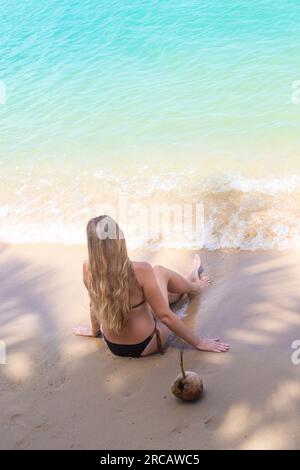 Eine Frau mit langen blonden Haaren im Bikini sitzt an einem Sandstrand am Meer im Schatten einer Palme. Ruhe und Entspannung. Stockfoto