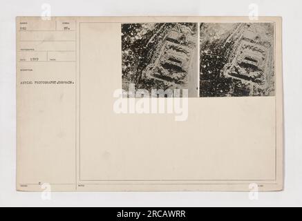 Luftfoto eines unbekannten Ortes im Ersten Weltkrieg. Das Bild ist als Terrain Nummer 882 gekennzeichnet und wurde 1919 von einem Prototyp-Fotografen aufgenommen. Es zeigt das Gelände des Gebiets an, mit dem Symbol „EU“ für Luftaufnahmen. Weitere Hinweise erwähnen die Lage als Isbled. Stockfoto