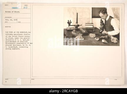 Wissenschaftler an der Experimentierstation Berkeley, Kalifornien, des United States Bureau of Mines untersuchen unter der Leitung der Staatsanwaltschaft Kriegsmineralpräparate Lyon, Stationsleiter. Dr. G.D. Louderback, ein beratender Bergbauingenieur, führt mikroskopische Untersuchungen durch. Das Bild wurde am 14. November 1918 aufgenommen. Stockfoto