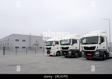 Die Lkw stehen in einer Reihe an einer Raststätte. Sattelanhänger für Fracht, Logistik, Frachttransport. Stockfoto