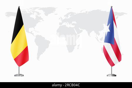 Flaggen Belgiens und Puerto Ricos für offizielles Treffen vor dem Hintergrund der Weltkarte. Stock Vektor