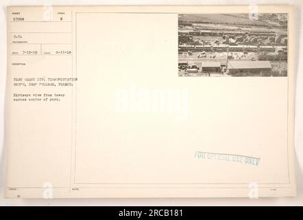 BirdsEye-Blick auf die 21. Grand Div Transportkorps in Camp Pullman, Frankreich. Das Foto wurde mit 6-11-18 aufgenommen und trägt das Beschreibungssymbol E. der Fotograf empfahl das Bild mit 7-15-19. Das Bild zeigt die Mitte des Gartens und hat die Identifikationsnummer 57268 S.C. Dieses Foto ist als „nur zur offiziellen Verwendung“ klassifiziert. Stockfoto