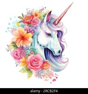 Einhorn. Aquarell mit Blumenmotiv. Fantasy Clipart. Weißes Feenpferd. Stockfoto