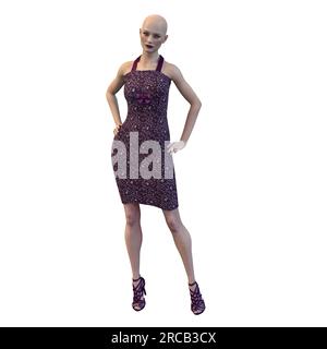 Frau mit isoliertem Hintergrund in kniehohem Sommerkleid in Maroon mit hohen Riemchenabsätzen auf isoliertem weißem Hintergrund, 3D-Rendering, 3D-Illustration Stockfoto