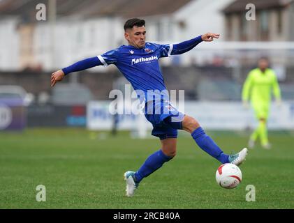 Ashley Evans von Penybont während der ersten Runde der UEFA Europa Conference League, erster Spielabschnitt im Dunraven Brewery Field, Bridgend. Foto: Donnerstag, 13. Juli 2023. Stockfoto