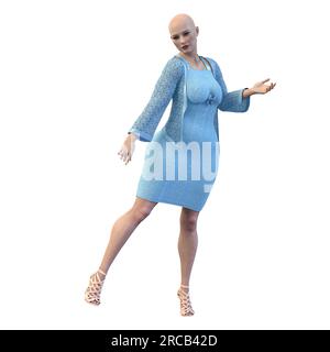 Frau mit isoliertem Hintergrund in blauem, knielangen Sommerkleid mit hohen Riemchenabsätzen, 3D-Rendering, 3D-Illustration Stockfoto