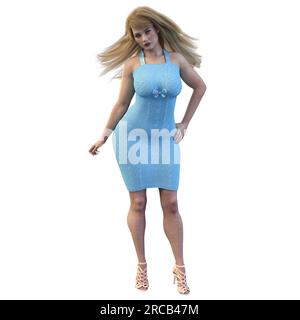 Frau mit isoliertem Hintergrund in blauem, knielangen Sommerkleid mit hohen Riemchenabsätzen, 3D-Rendering, 3D-Illustration Stockfoto