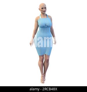 Frau mit isoliertem Hintergrund in blauem, knielangen Sommerkleid mit hohen Riemchenabsätzen, 3D-Rendering, 3D-Illustration Stockfoto