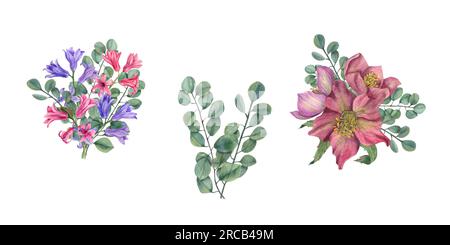 Aquarelle mit Hellebores, Eukalyptusästen, Hyazinthen. Botanische Darstellung von Frühlingsblumen isoliert auf Weiß. Stockfoto