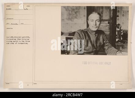 Generalmajor William Lassiter, der kommandierende Offizier der 32. Division, gesehen während des marsches zum Rhein und zur Besatzungsarmee. Dieses Foto wurde am 1. August 1919 aufgenommen. Die Identifikationsnummer des Fotos ist 61424, und der Fotograf ist Reco. Das Symbol auf dem Foto zeigt an, dass es an die Armee der Vereinigten Staaten ausgegeben wurde. Bitte beachten Sie, dass dieses Bild mit „UR for Official Use Only“ (nur zur offiziellen Verwendung) beschriftet ist. Stockfoto