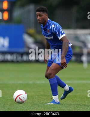 Penybont's Mark Little während der ersten Runde der UEFA Europa Conference League, erster Spielabschnitt auf dem Dunraven Brewery Field, Bridgend. Foto: Donnerstag, 13. Juli 2023. Stockfoto