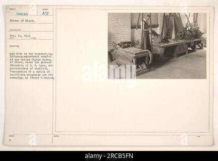 Ein Arbeiter der Experimentierstation in Berkeley, Kalifornien, des United States Bureau of Mines bereitet eine Probe von kalifornischem Manganerz für die Analyse vor. Der Mitarbeiter, Edward H. Delius, ist unter der Aufsicht des Staatsanwalts an Kriegsversuchen beteiligt Lyon, Stationsleiter. Das Foto wurde am 14. November 1918 aufgenommen. Stockfoto