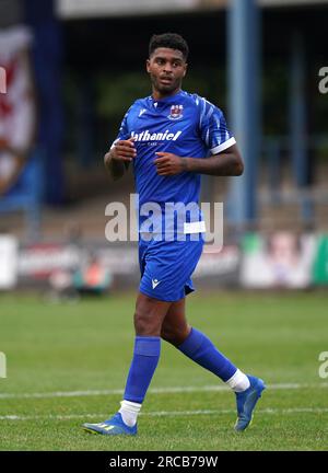 Penybont's Mark Little während der ersten Runde der UEFA Europa Conference League, erster Spielabschnitt auf dem Dunraven Brewery Field, Bridgend. Foto: Donnerstag, 13. Juli 2023. Stockfoto